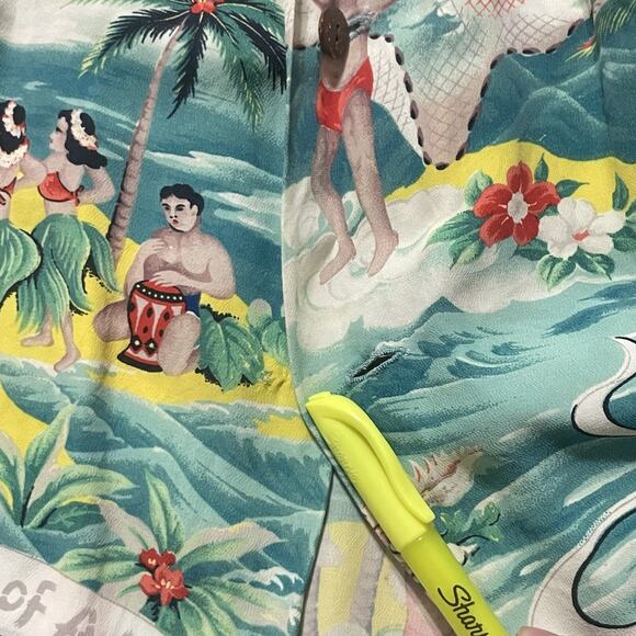 VTG Hale Hawaii Shirt Mens Green Yellow Medium Land Of Aloha Hawaiian Hula 1950s - Picture 7 of 10